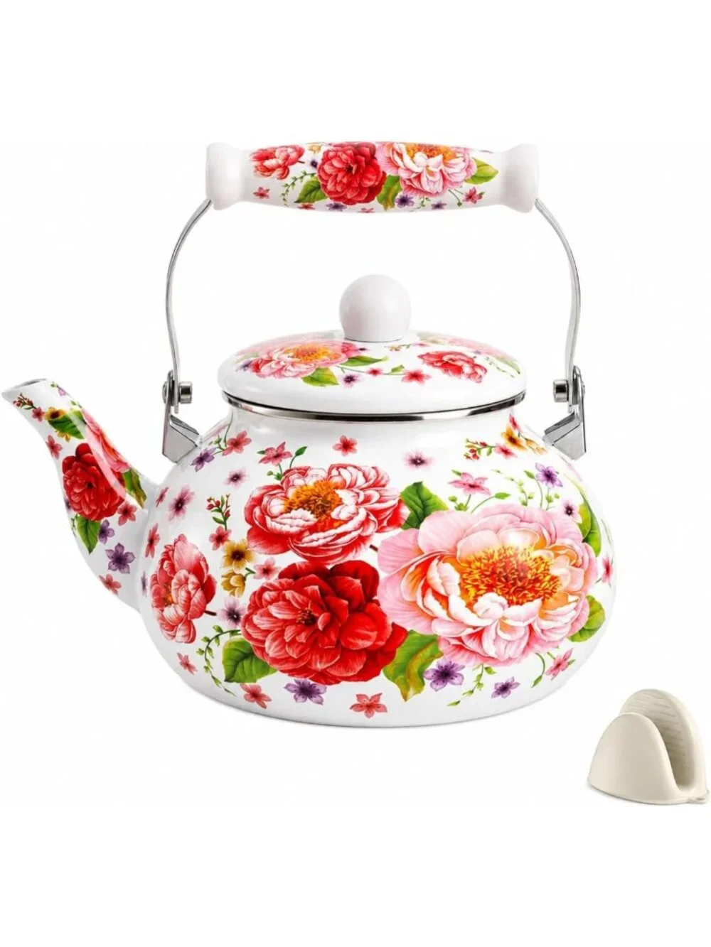 Vintage Floral Enamel Tea Kettle 2.6 Qt - Non-Whistling, Multi-Use & Hand Wash